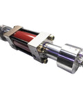 Waterjet intensifier pump assembly, red stainless steel body with silver drive housing, side view.