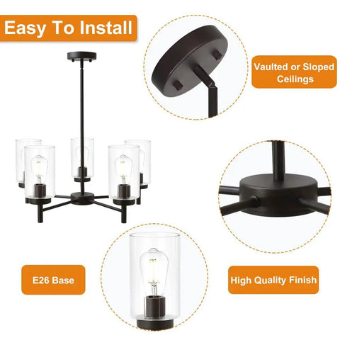 Contemporary 5-Light Large Chandelier in Oil Rubbed Bronze with Clear Glass Shades, detailed view of base and ceiling compatibility.
