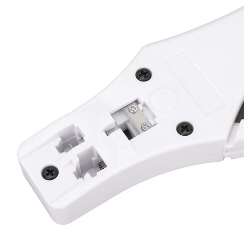 Close-up of All Day Pro Grade Crimping Tool showing 4P 6P 8P RJ45 connectors with premium blades for reliable network wiring