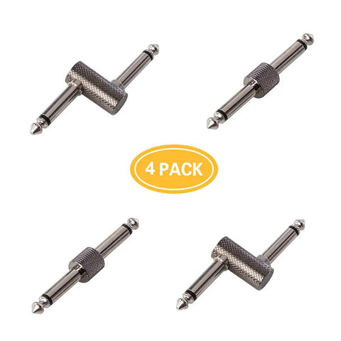 Image of 4-pack Guitar Pedal Patch Connectors One Quarter Inch Male To Male with two straight and two Z-type angled adapters.
