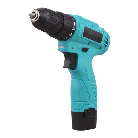 Heavy Duty 12V Cordless Drill Driver With Solid Metal Body And 25 Plus 1 Torque Settings For Hassle Free Diy Fixes And Furniture Assembly Compact One Handed Design showing side view with a teal design.