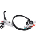 Upgrade Your Ride With This Badass Dual Piston Mechanical Disc Brake Set For Mountain And Road Bikes Cable Actuated Aluminum Alloy Calipers Front Rear Kit With Epic Grip Control Silver lever and caliper with cable.