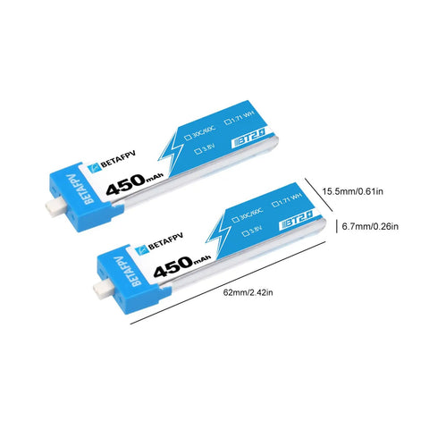 BT2.0 450mAh 1S LiPo Battery With BT2.0 Connector For Tiny Whoop Drones, 3.8V 30C To 60C Discharge, size 62x15.5x6.7mm