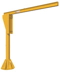 Rugged Base Plate Mounted Jib Crane Engineered To Haul Six Thousand Pounds With Eighteen Foot Rotating Arm For Shop Rig and Warehouse Heavy Duty Projects, yellow steel construction.