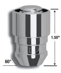 Acorn Gorilla Guard Wheel Locks 12mm x 1.50 Thread Size close-up showing 60 degree conical seat design and chrome finish with dimensions