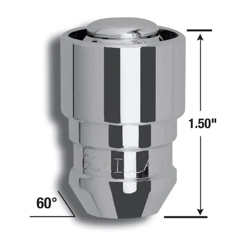 Acorn Gorilla Guard Wheel Locks 12mm x 1.50 Thread Size close-up showing 60 degree conical seat design and chrome finish with dimensions