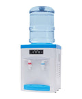 Hot And Cold Water Desktop Dispenser For 1.3 To 5 Gallon Jugs Top Loading Countertop Cooler With Blue Base and Two Nozzles