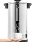 Commercial Grade 50 Cup Percolator Coffee Maker And Hot Water Urn In Stainless Steel 8 Liter For Catering Events No Fuss Durable Food Grade 304 Build Ideal For Cafes Offices Churches And Schools displayed with cup and spigot