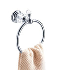 Chrome Towel Ring With Crystal Ball Accents, Bling Wall Mounted Bath Accessory holding beige towel, premium modern design.