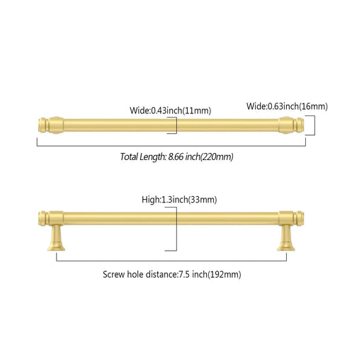 Diagram of 10 Pack 7.5 Inch Brushed Gold Cabinet Pulls For Kitchens Solid Zinc Alloy Cabinet Handles 192mm Center To Center 8.66 Inch Overall Length