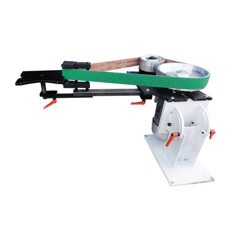 Shop Ready Heavy Duty Variable Speed Belt Sander And Knife Grinder With Vertical Horizontal Modes Three Polishing Wheels For Metal Wood Ceramic And Glass 110V Trusted Workhorse Rig side view of belt sander with green belt