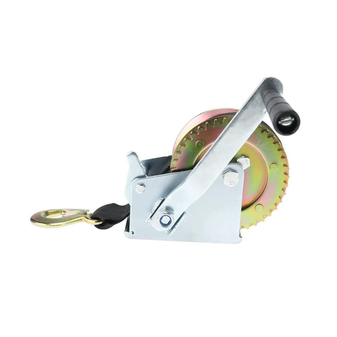 600 Lb Heavy Duty Hand Winch With 6m Rope And 2 Inch Polyester Strap, 3:1 Gear, close-up of beefy steel construction