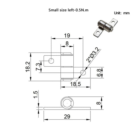360° torque axis hinge with damping, small left-0.5N.m; metal industrial hinge, 1 piece with dimension drawing