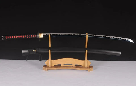 Handmade Practice Katana For Iaido Training Full Tang Sharp Blade Japanese Samurai Sword on wooden stand.