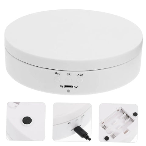 Romisbaba Electric Rotating Jewelry Display Stand For Bracelets Watches With Motorized Turntable And Cool LED Lighting, white plastic top view with control buttons