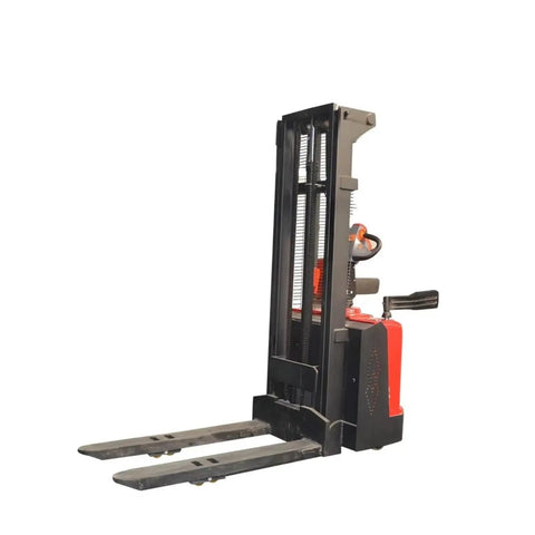 High Capacity Industrial Grade Pallet Stacker With Straddle Legs Slick Warehouse Lifter For Factory Cargo Transfer And Portable Workshop Material Handling No Sweat Gear side view with forks extended.