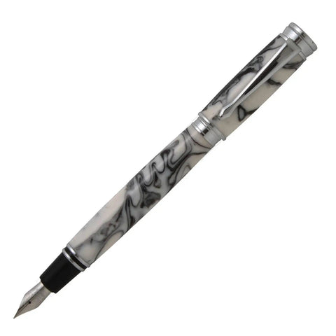 Premium Chrome Executive Fountain Pen Hardware Kit For Weekend Woodturners Featuring Badass Magnetic Cap Penturning Set Lathe Ready Brass Threaded Inserts Heavy Duty Build Writing Tool Parts with black and white marbled finish.
