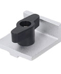 Close-up of a 4 Pack T Track Stop Block Kit With Aluminum Alloy Silver Anodized Finish Bidirectional Short Stops With Knobs.