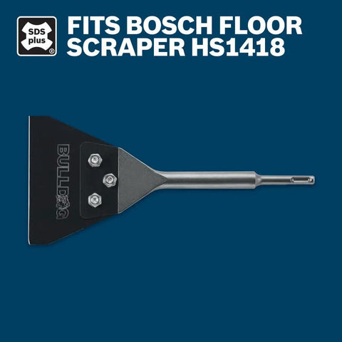 5 Inch Wide Floor Scraper Replacement Kit For SDS Plus Bulldog Tools with steel blade and locking bolts shown on blue background