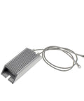 Side view of aluminum-cased RXLG servo braking resistor with ribbed heatsink and two ring-terminal leads