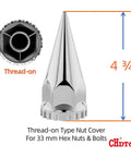 33mm Lug Nut Covers For Semi Trucks Chrome Spike Type Flanged Screw On 4.75 Inch Height Durable ABS Lug Nut Caps Front View