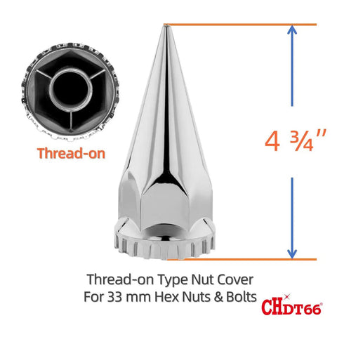 33mm Lug Nut Covers For Semi Trucks Chrome Spike Type Flanged Screw On 4.75 Inch Height Durable ABS Lug Nut Caps Front View