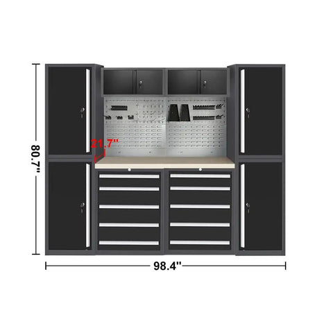 Heavy Duty Garage Storage Cabinet System With Solid Wood Workbench And Wall Mounted Pegboard Hooks For No Sweat Workshop Organization And Knockout Tool Storage Setup, dimensions 98.4 in x 80.7 in