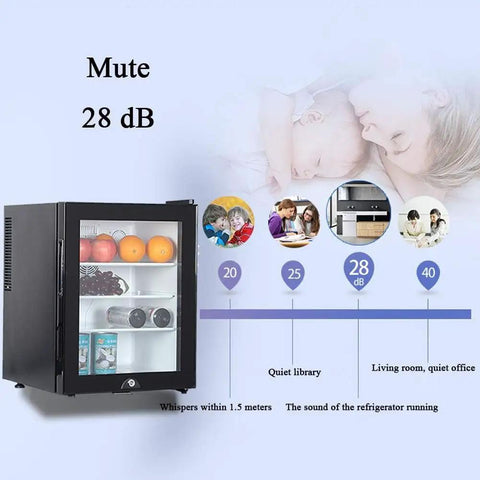 Compact Upright Mini Freezer Featuring A Sleek Black Glass Door With Energy Efficient Cooling That Runs Dead Quiet At Twenty Eight Decibels Ideal For Dorms Offices Or Small Bedrooms With Plug And Play Design with fruits and drinks inside.