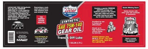 Label of 1-gallon Synthetic SAE 75W-140 Gear Oil, Heavy Duty for high temperature use, shows product benefits and brand logo.