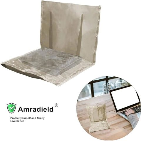 Front view of Amradield WiFi router EMF shielding cover, 13.8 x 15.7 inches, metallic foil protector