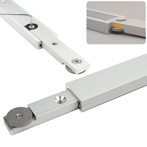 Built Tough Aluminum Miter Bar Clamp Tool Slider for Table Saws and Router Tables, 300mm long, anodized finish, with pulley detail.