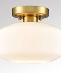 Modern White Semi Flush Mount Ceiling Light With Gold Finish For Hallways, Opal Milk Glass Shade, Farmhouse Style Ceiling Fixture