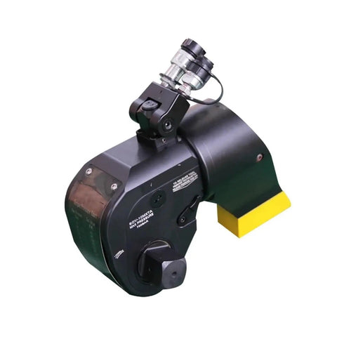 Industrial Grade Smooth Operator Built Like A Tank Rugged Pro Hydraulic Torque Wrench with swivel fitting and yellow base.