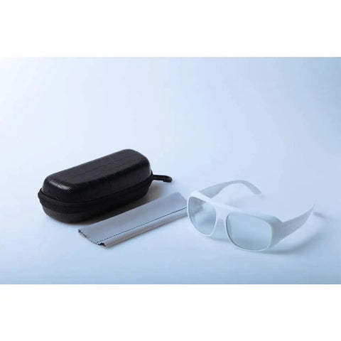 Top Shelf 10600nm Infrared Laser Safety Glasses For CO2 Lasers OD 6 Plus, white eyewear with case and cleaning cloth.