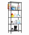 Five Tier Heavy Duty Storage Rack In Black 550 Lb Capacity Top Shelf Carbon Steel Workhorse Shelving with kitchen items.