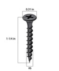 Number Six By One Point Twenty Five Inch Phillips Truss Head Drywall Screws Black Phosphate Heavy Duty Steel Bang For Buck Rock Solid Grip One Pound Pack For Wood Slate showing dimensions and details.
