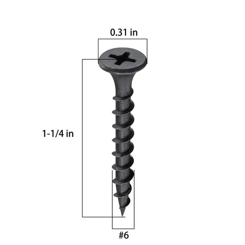 Number Six By One Point Twenty Five Inch Phillips Truss Head Drywall Screws Black Phosphate Heavy Duty Steel Bang For Buck Rock Solid Grip One Pound Pack For Wood Slate showing dimensions and details.