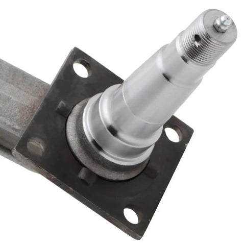Close-up of trailer spindle for 3500 lb axle with EZ Lube weld-on drop style 4 inch brake flange, compatible with bearings kit L44649 10, L68149 11