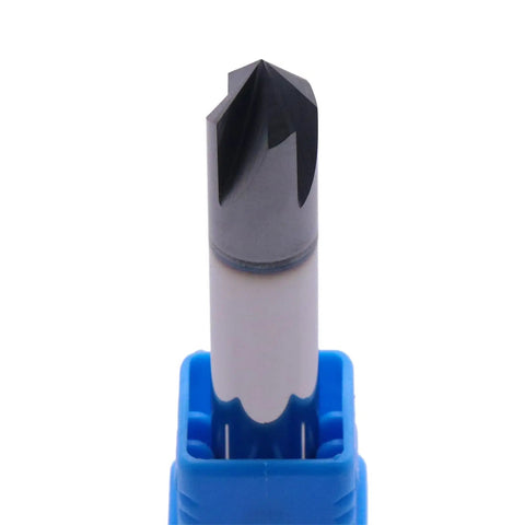 Solid Carbide Chamfer End Mill 4 Flute 90 Degree Chamfer Double End AlTiN Coated 3/8 Inch Cutting Diameter in blue holder