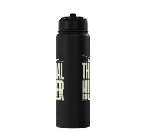 Black insulated stainless steel bottle for sailplane pilots with dual wall insulation, leak-proof lid, perfect for thermal soaring.