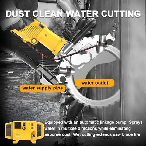 Heavy Duty Wet Concrete Saw Featuring Beast Mode 5000W Brushless Motor with adjustable water supply and outlet for clean cutting.
