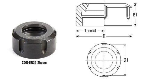 ER25 CNC collet nut with diagram showing specifications, used for milling machines, highlighting precision fit with tight tolerances.
