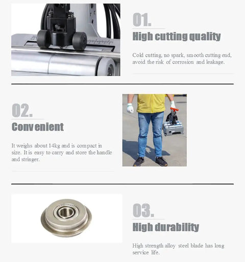 Top Shelf Fully Automatic Electric Pipe Cutter With Built In Deburrer sized for 12 to 116mm tubing, compact, 14kg weight, easy to carry.