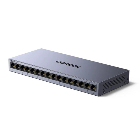 Front view of 16 Port Gigabit Unmanaged Switch with Plug and Play for Office Use, metal fanless design, VLAN mode.