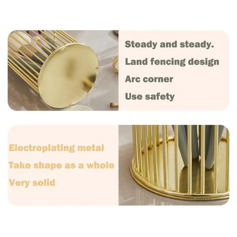 Close-up of gold metal sticky note holder and pen holder set showing circular base and vertical bars design.