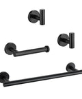 Matte Black Stainless Steel Bathroom Hardware Set With 20 Inch Towel Bar Toilet Paper Holder And Two Robe Hooks Wall Mounted Bath Accessory Kit Rustproof SUS304 Finish For Modern Homes displayed against a white background