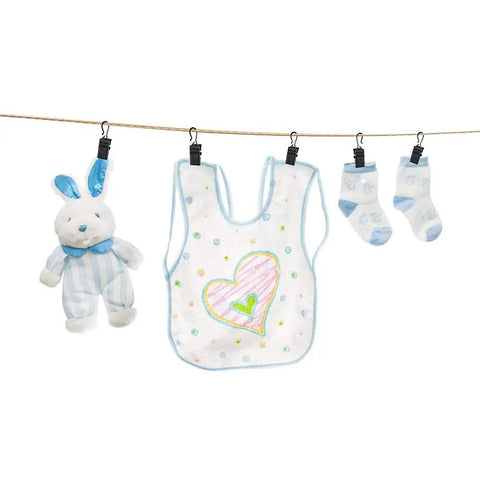 Stainless Steel Curtain Clips Set 50 Pieces Heavy Duty All Purpose Bulldog Clip Hooks holding baby clothes on a line
