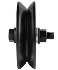 Side view of Skelang 4-inch V-groove wheel caster with bolt-on threaded stem, black, double bearings