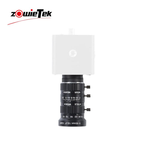 Low Distortion 5 To 50mm C Mount Zoom Lens For Raspberry Pi HQ Camera IMX477 And ZowieCAM POV CS Mount front view with controls visible