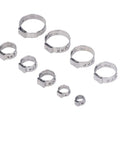 Assorted single ear clamps from 80 Piece Stainless Steel Hose Clamp Kit With Pliers Nine Size Assortment From 5.8 7.0 mm to 20.3 23.5 mm